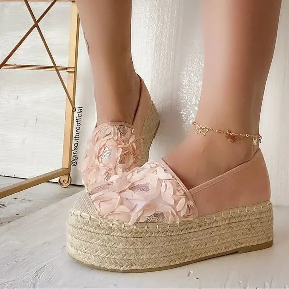Blush Floral Espadrille Platforms | 3D Flower Slip-On Sneakers - Picture 2 of 8